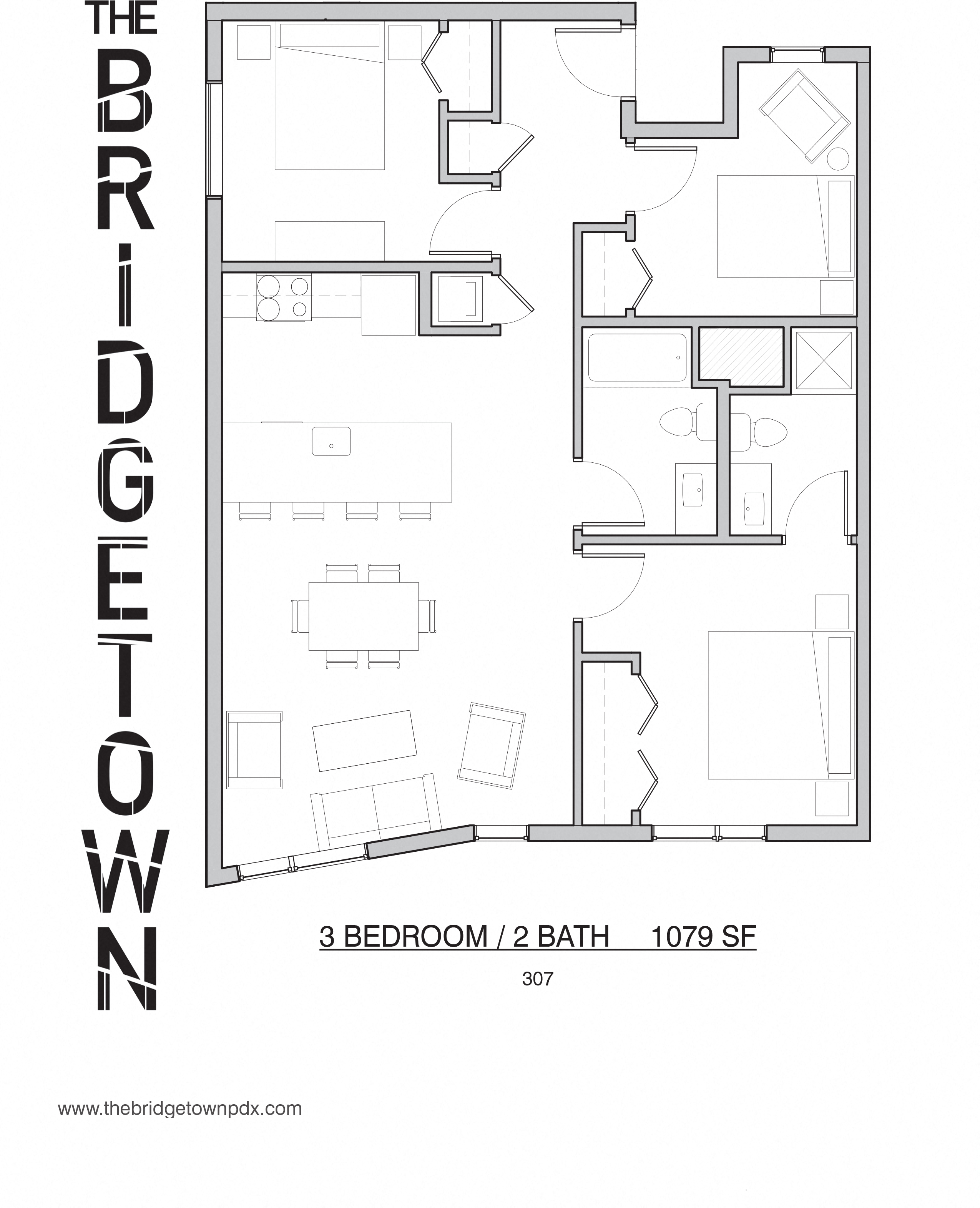 Floor plan for 3 beds, 2 baths, 1079 sqft